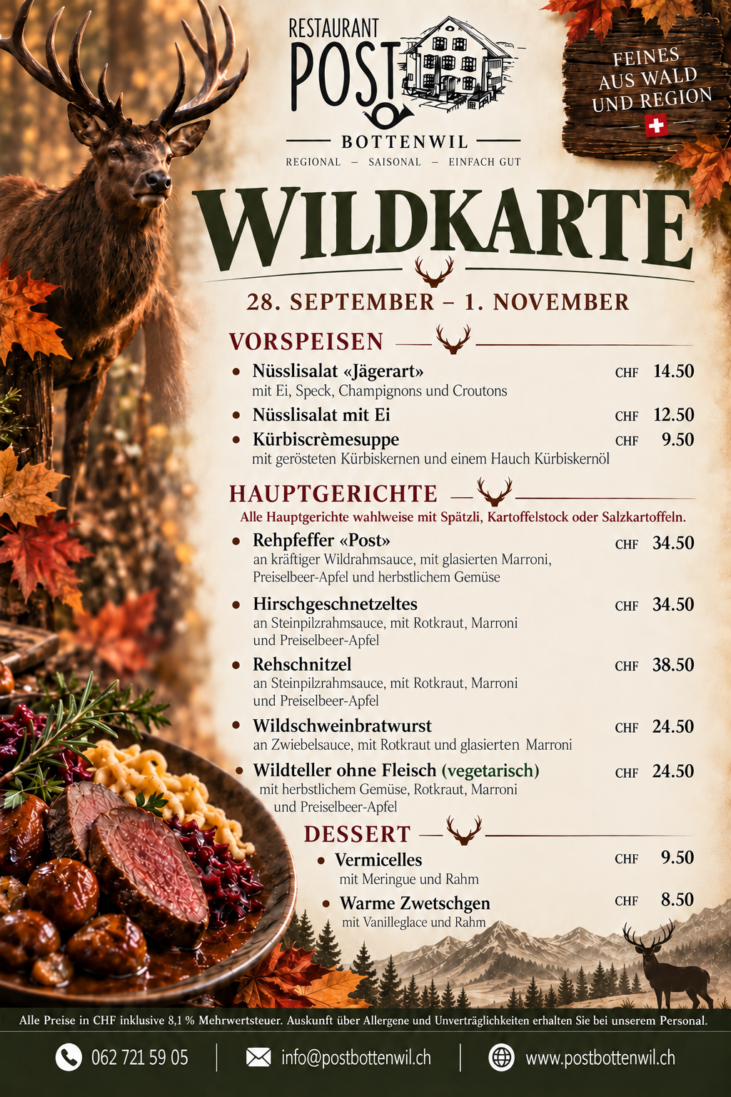 Wildkarte Restaurant Post Bottenwil
