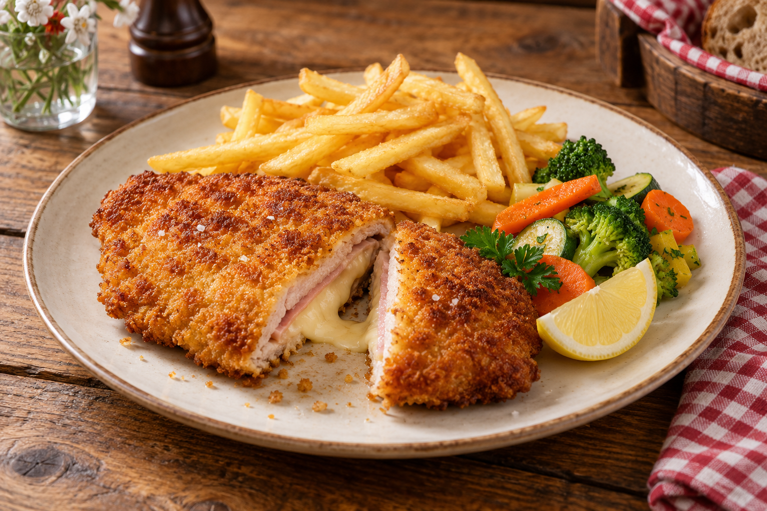 Cordon Bleu mit Pommes frites und Gemüse